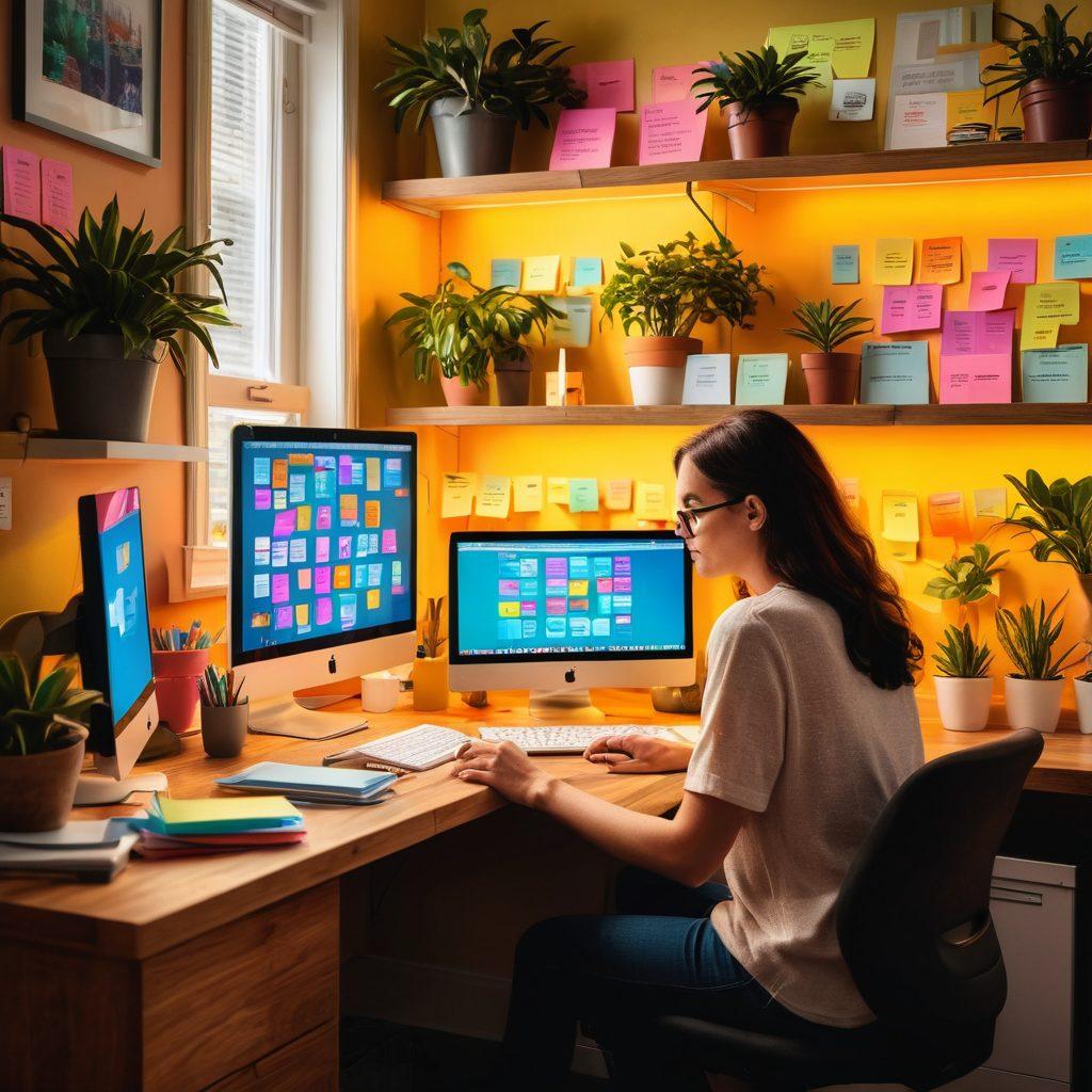 A cozy home office scene featuring a person securely managing files on a computer, surrounded by colorful sticky notes and a vibrant potted plant. In the background, shelves filled with neatly organized files and backup solutions like external hard drives and cloud icons. Warm lighting creates a friendly atmosphere, emphasizing the importance of secure data management. super-realistic. vibrant colors. cozy setting.