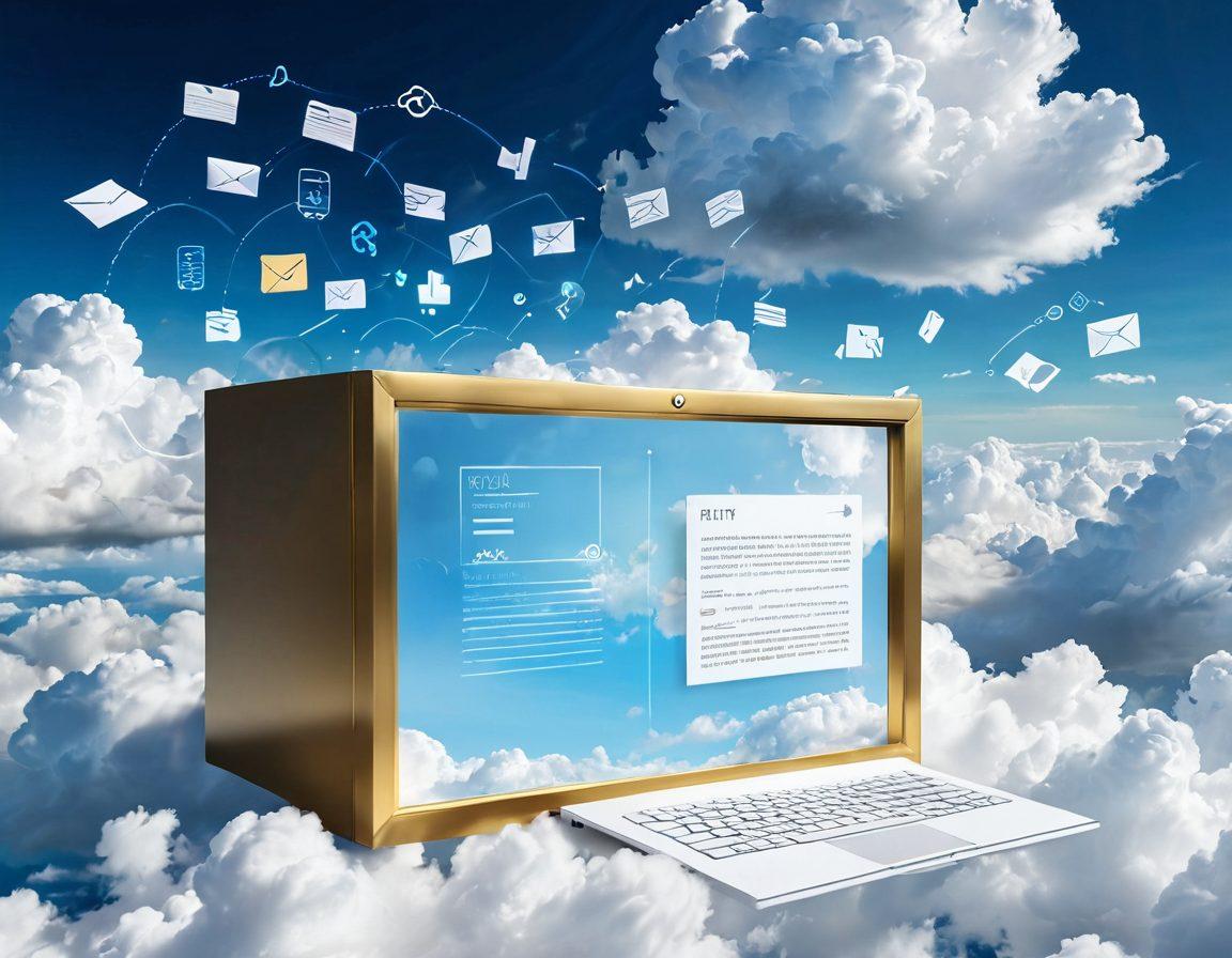A serene digital landscape depicting fluffy white clouds with various documents and data icons gently floating around them. Below, a secure vault glowing softly, symbolizing safety and preservation. The color palette is calming with blues and whites, and a hint of golden light illuminating the documents to signify importance. The overall feel should evoke trust and tranquility. super-realistic. vibrant colors. 3D.